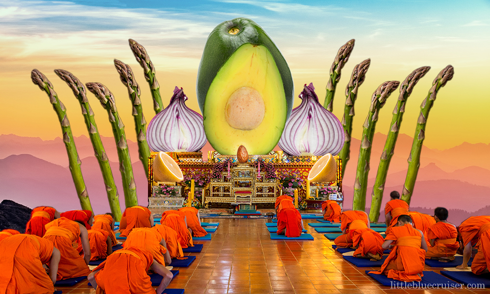 parody of tibetan monks bowing down to a dinosaur sized avocado